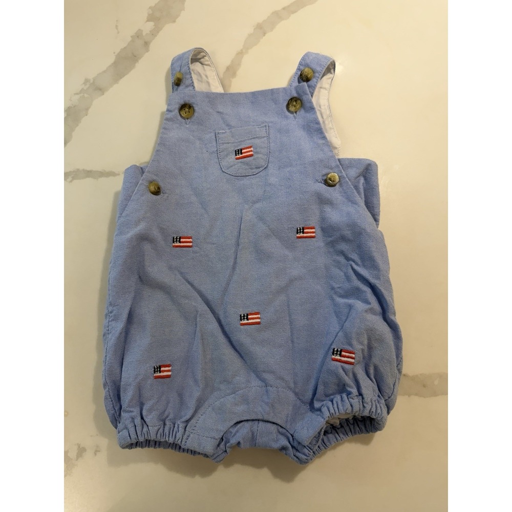 Janie And Jack Embroidered American Flag Oxford Baby Overall 0-3M Patriotic Bbq